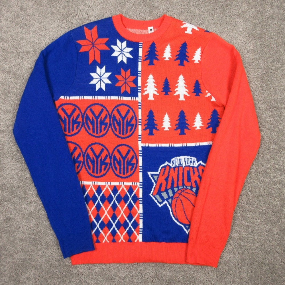 New York Knicks Sweater Mens Medium Orange Blue Christmas Holiday Knit Pullover